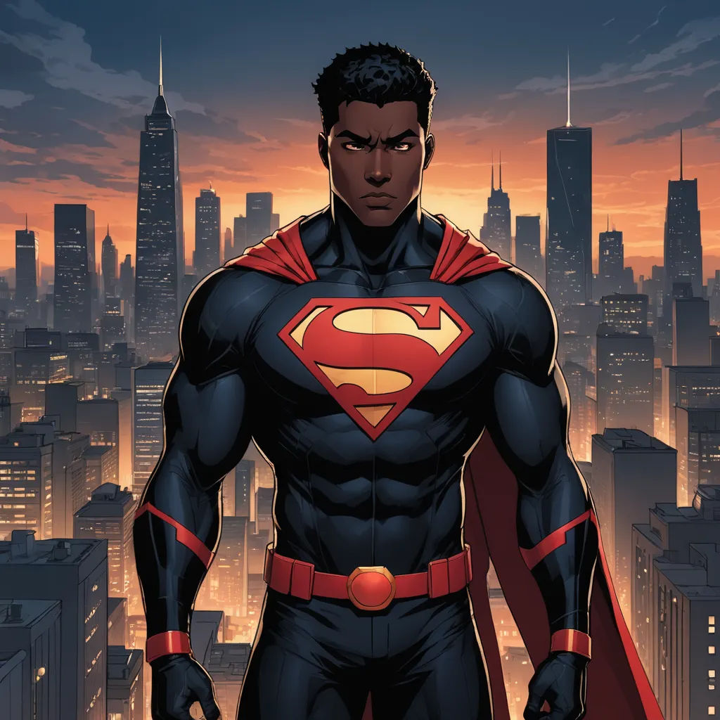 a man in a superman suit standing in front of a city skyline at sunset with a red cape on, afrofuturism, a comic book panel, Everett Warner, comic cover art