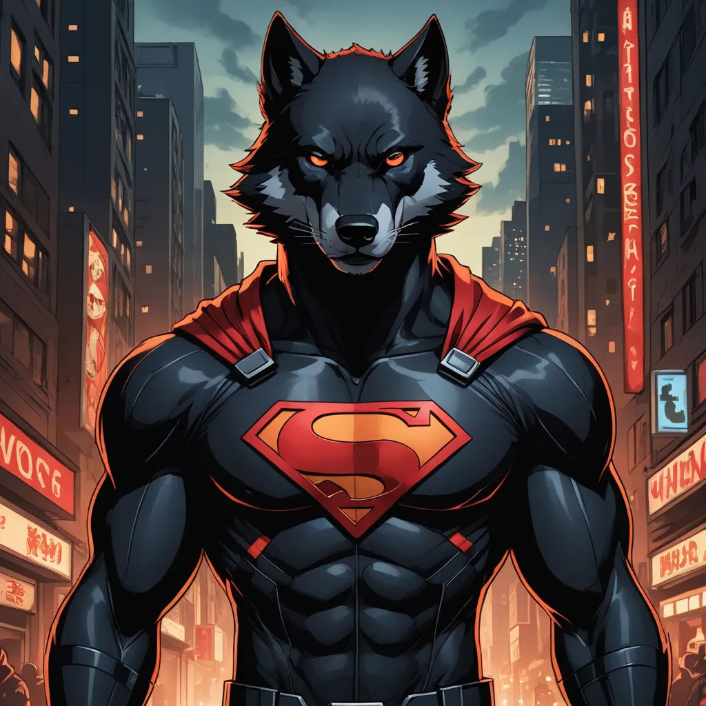 a wolf in a suit with a red cape on standing in a city street at night with buildings and signs, furry art, a comic book panel, Altichiero, comic cover art