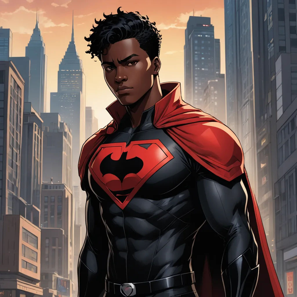 a man in a red cape stands in front of a cityscape with skyscrapers in the background, harlem renaissance, concept art, Everett Warner, official art