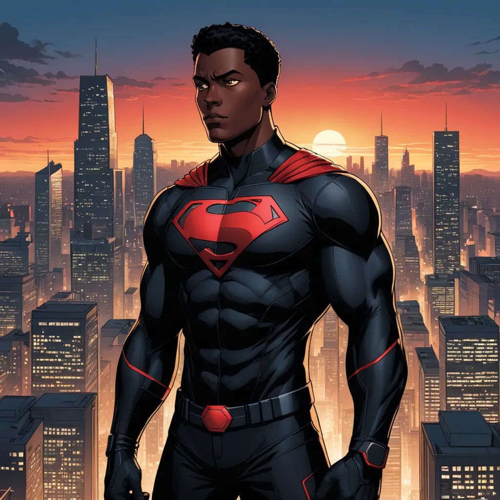 a man in a superman suit standing in front of a cityscape at sunset with the sun setting, afrofuturism, concept art, Everett Warner, comic cover art