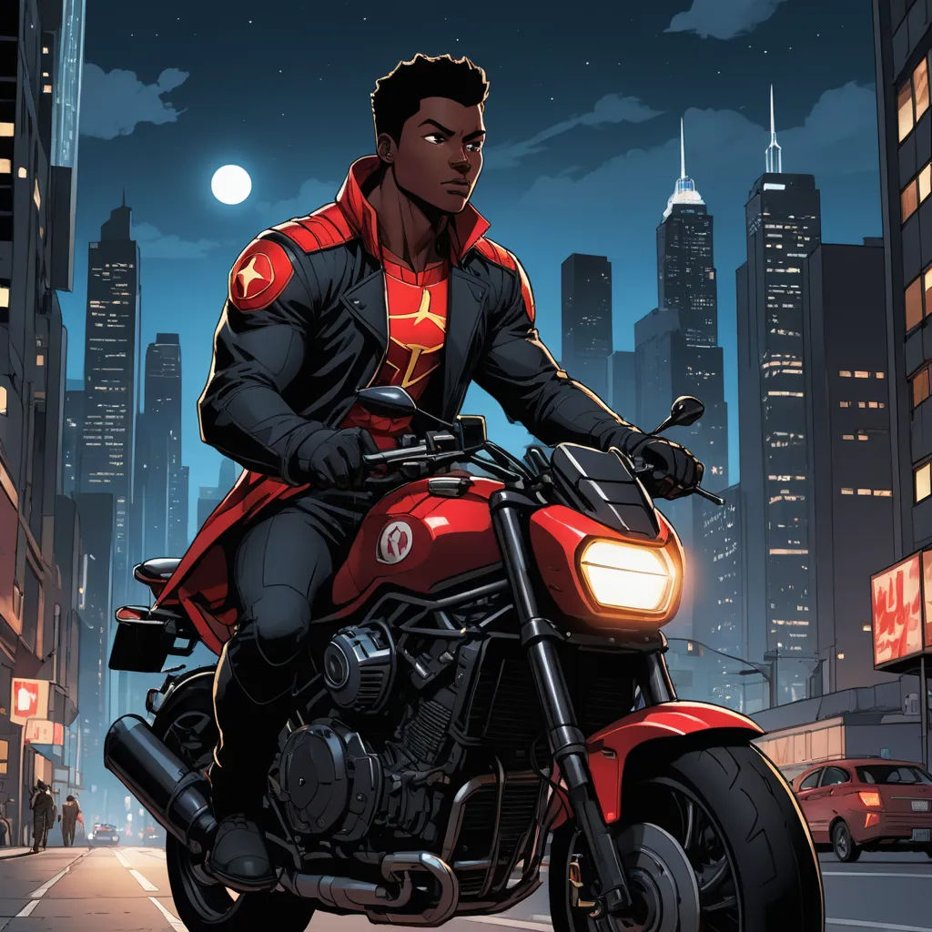 a man riding a red motorcycle down a street at night with a city skyline in the background and a full moon, afrofuturism, a comic book panel, Cedric Seaut (Keos Masons), comic cover art