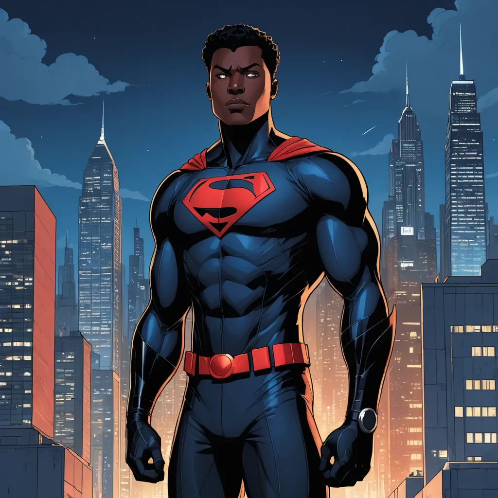 a man in a superman suit standing in front of a cityscape at night with a red cape, superflat, a comic book panel, Everett Warner, comic cover art