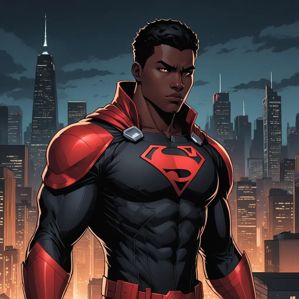 a man in a superman suit standing in front of a city skyline at night with a red cape on, afrofuturism, concept art, Everett Warner, comic cover art