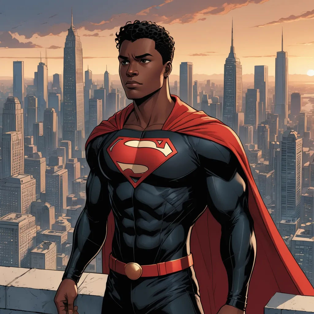 a man in a superman suit standing in front of a cityscape with a red cape on his head, harlem renaissance, a comic book panel, Everett Warner, comic cover art