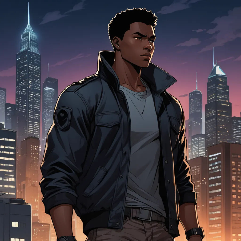 a man standing in front of a city skyline at night with a cityscape in the background and a skyscraper in the foreground, harlem renaissance, a character portrait, Cedric Seaut (Keos Masons), city background