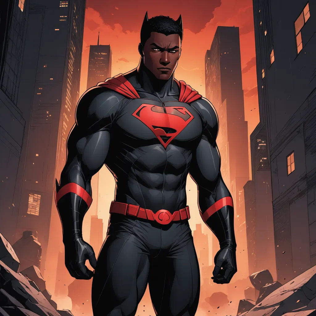a man in a batman suit standing in a city at night with a red light behind him and a red sky behind him, superflat, concept art, Everett Warner, comic cover art