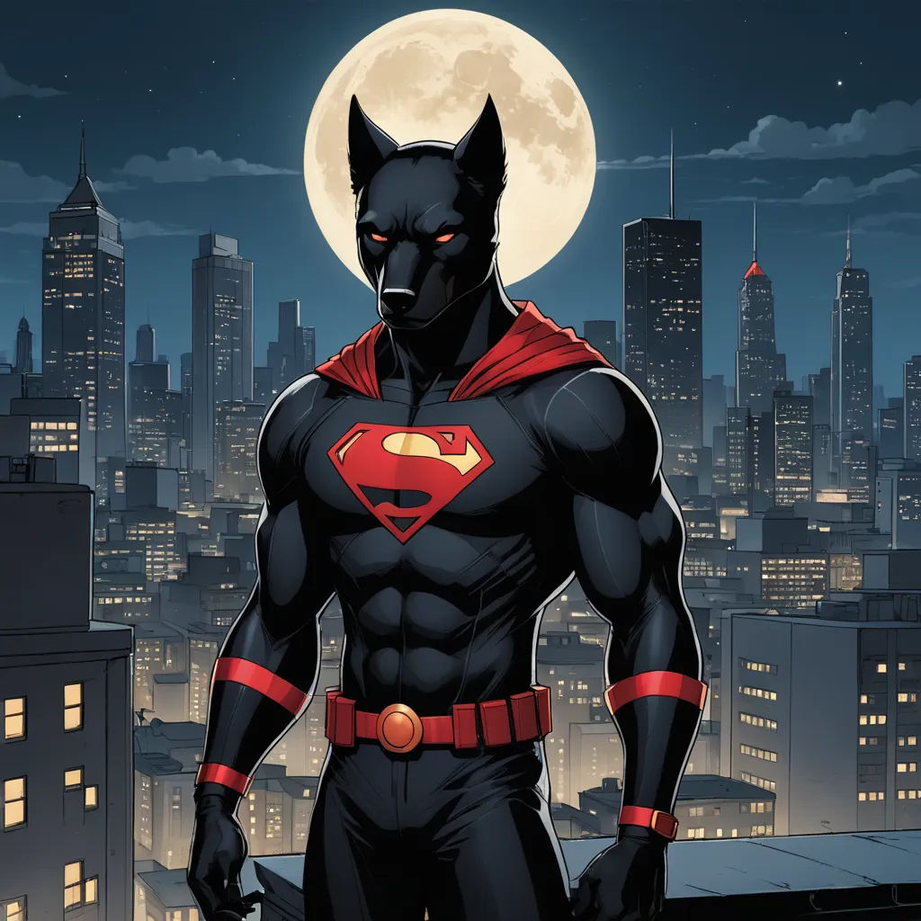 a batman standing in front of a city skyline at night with a full moon in the background and a red cape, furry art, a comic book panel, Anthony Palumbo, dark night