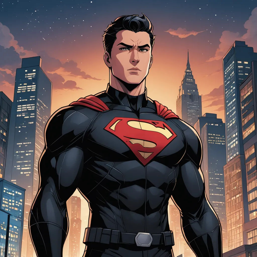 a man in a superman suit standing in front of a cityscape at night with a red light, superflat, a comic book panel, Artgerm, official art