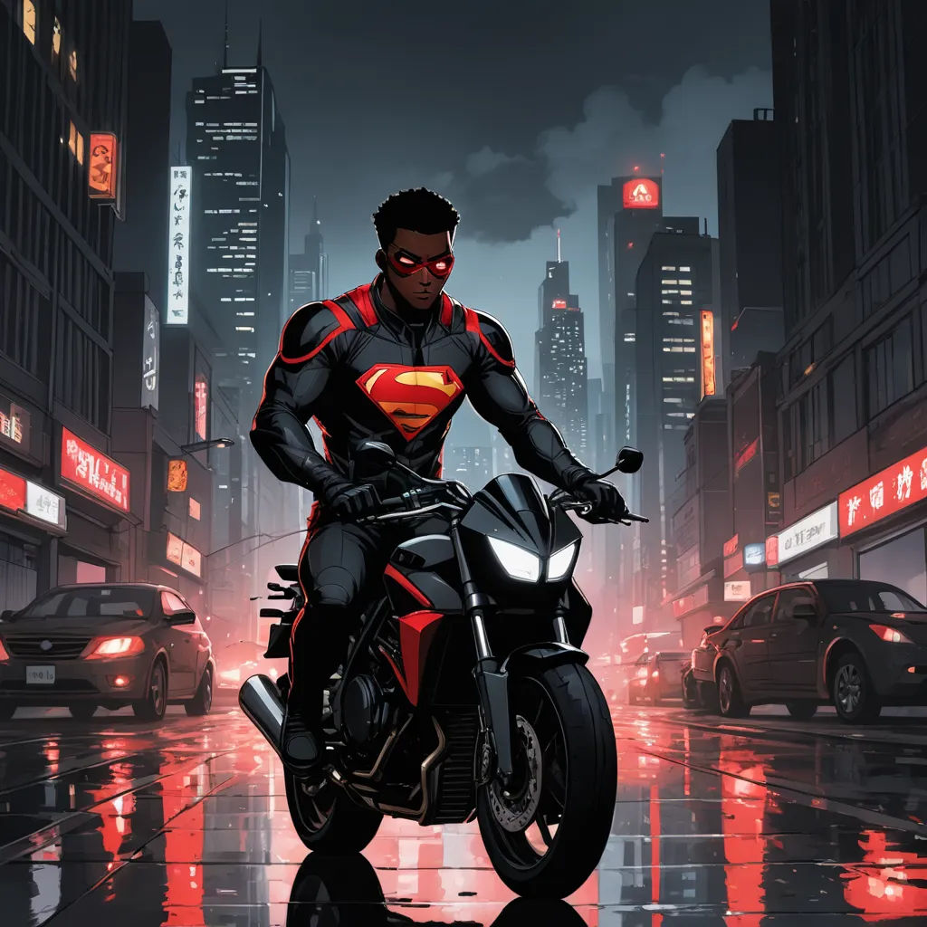 a man riding a motorcycle in a city at night with a red light on the street behind him and a cityscape in the background, afrofuturism, concept art, Altichiero, comic cover art