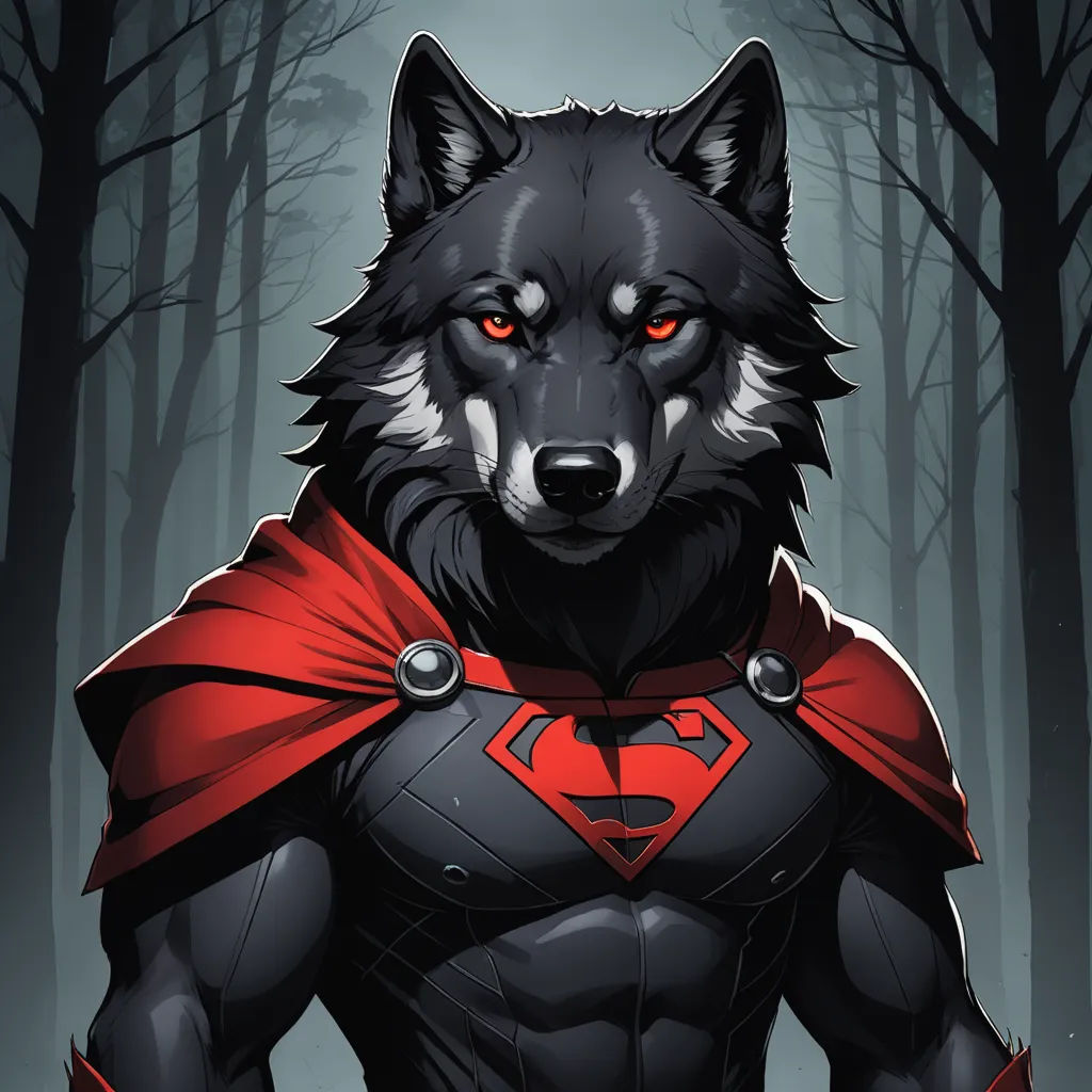 a wolf with a red cape and a red cape on his chest stands in a forest with trees and branches, furry art, a character portrait, Altichiero, comic cover art