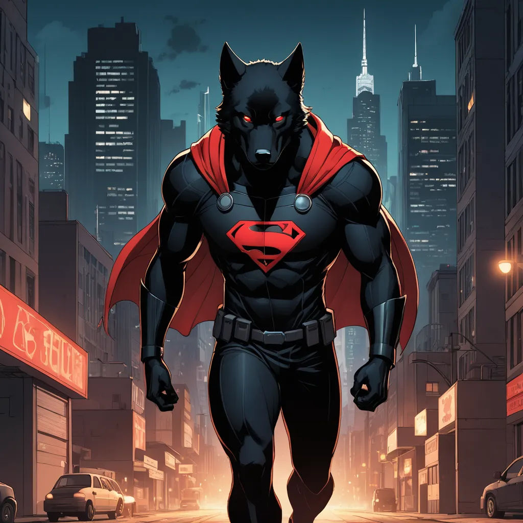 a man in a black suit with a red cape walking down a street in a city at night with a red light, furry art, a comic book panel, Altichiero, comic cover art