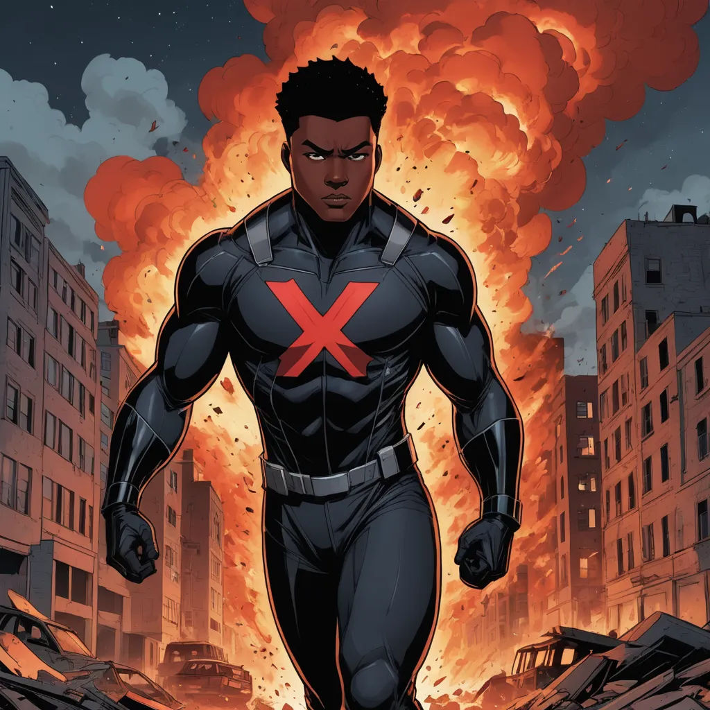 a man in a black suit is walking through a city with a huge explosion of flames behind him and buildings, underground comix, concept art, Edmond Xavier Kapp, comic cover art