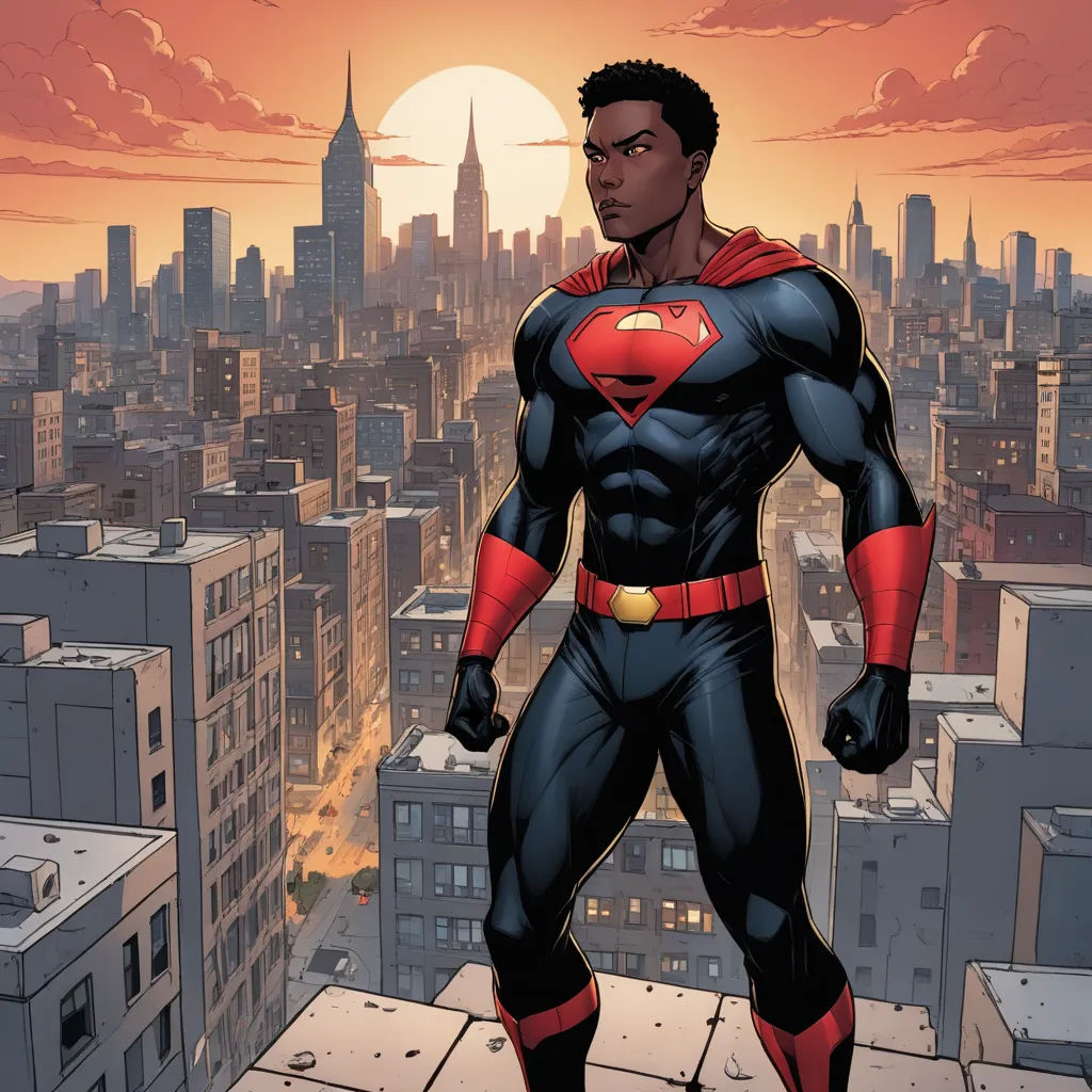 a man in a superman suit standing on a rooftop in front of a city skyline at sunset with a red and blue cape, afrofuturism, a comic book panel, Everett Warner, comic cover art