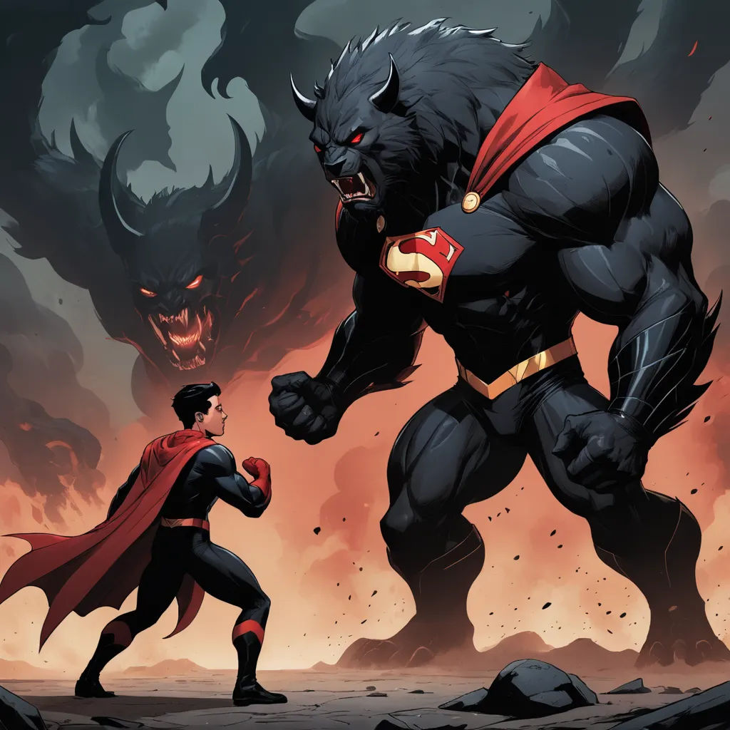 a man in a red cape standing next to a black demon in a field of rocks and rocks with a red cape on, furry art, a comic book panel, Anthony Palumbo, comic cover art