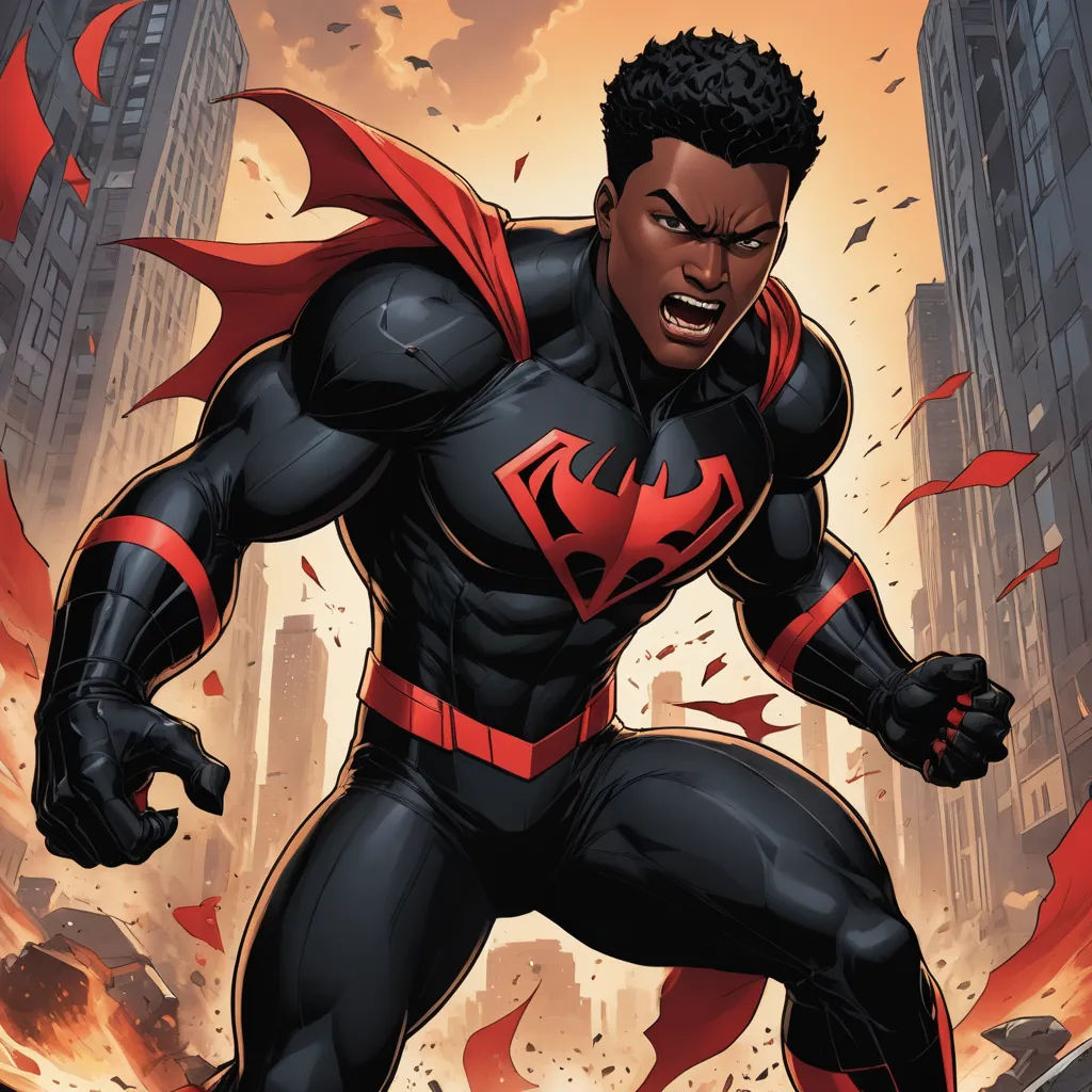 a black man in a red cape and black pants is standing in front of a city skyline with a red and black flame, black arts movement, concept art, Everett Warner, comic cover art