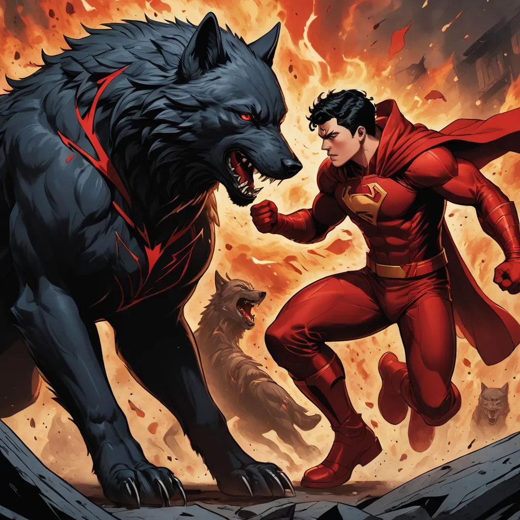 a man in a red suit and a wolf in a red suit are fighting in front of a fire, furry art, a comic book panel, Artgerm, comic cover art