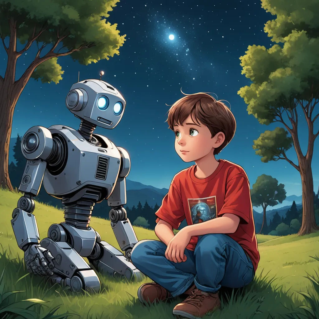 a boy sitting on the ground next to a robot in a field of grass with trees and a star in the sky, les automatistes, a storybook illustration, Aaron Jasinski, promotional image