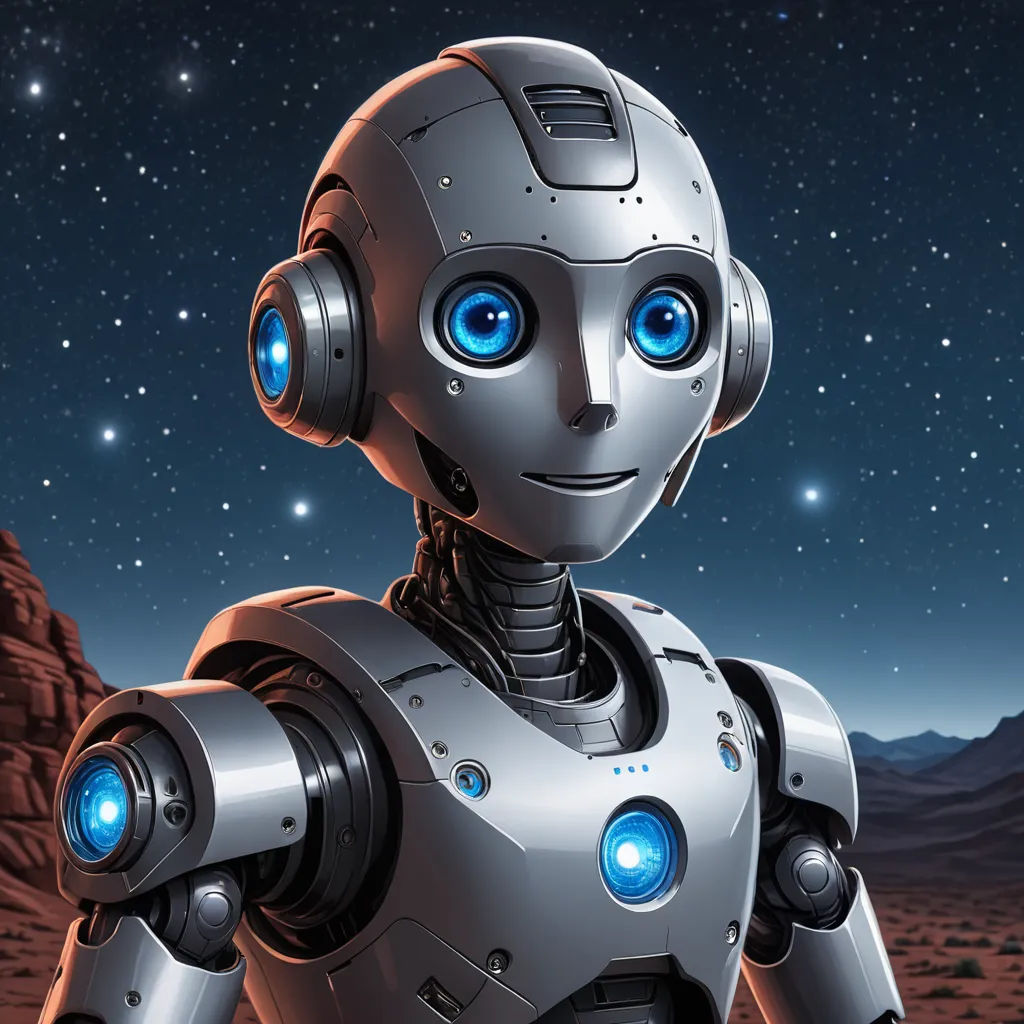 a robot with blue eyes standing in the desert at night with stars in the sky behind it and a mountain in the background, space art, a computer rendering, Ai-Mitsu, promotional image