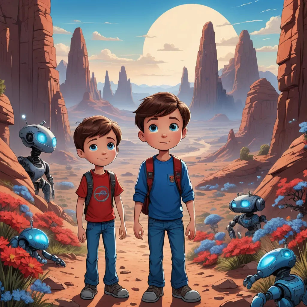 a couple of kids standing in front of a mountain landscape with a robot in the background and a man in the foreground, sots art, concept art, Brothers Hildebrandt, promotional image
