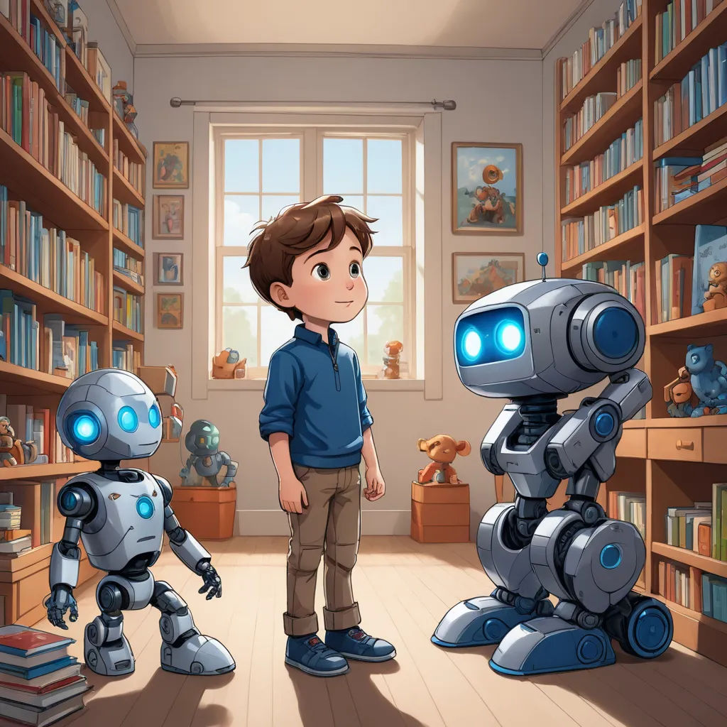 a boy standing in front of a robot in a library with a teddy bear and bookshelf behind him, les automatistes, a storybook illustration, Diego Gisbert Llorens, storybook illustration