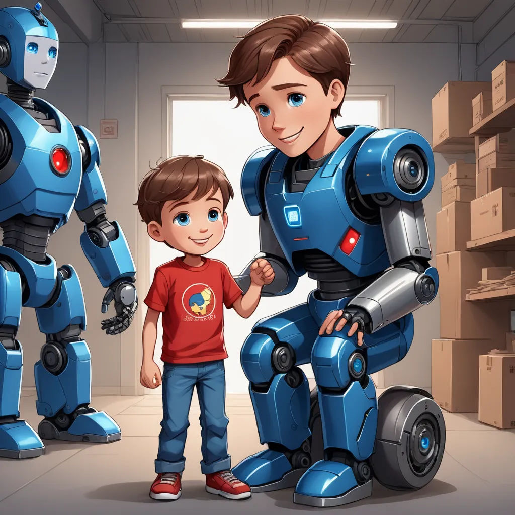 a boy and a robot in a warehouse with boxes on the shelves behind them and a man standing next to them, sots art, a storybook illustration, Adam Rex, robots