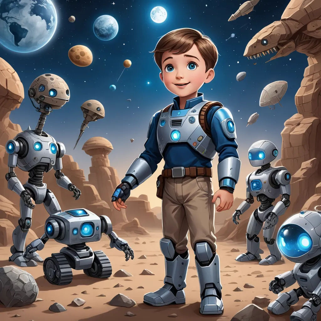 a boy in a space suit standing in front of a group of robots in a desert area with planets in the background, space art, a storybook illustration, Aaron Jasinski, promotional image