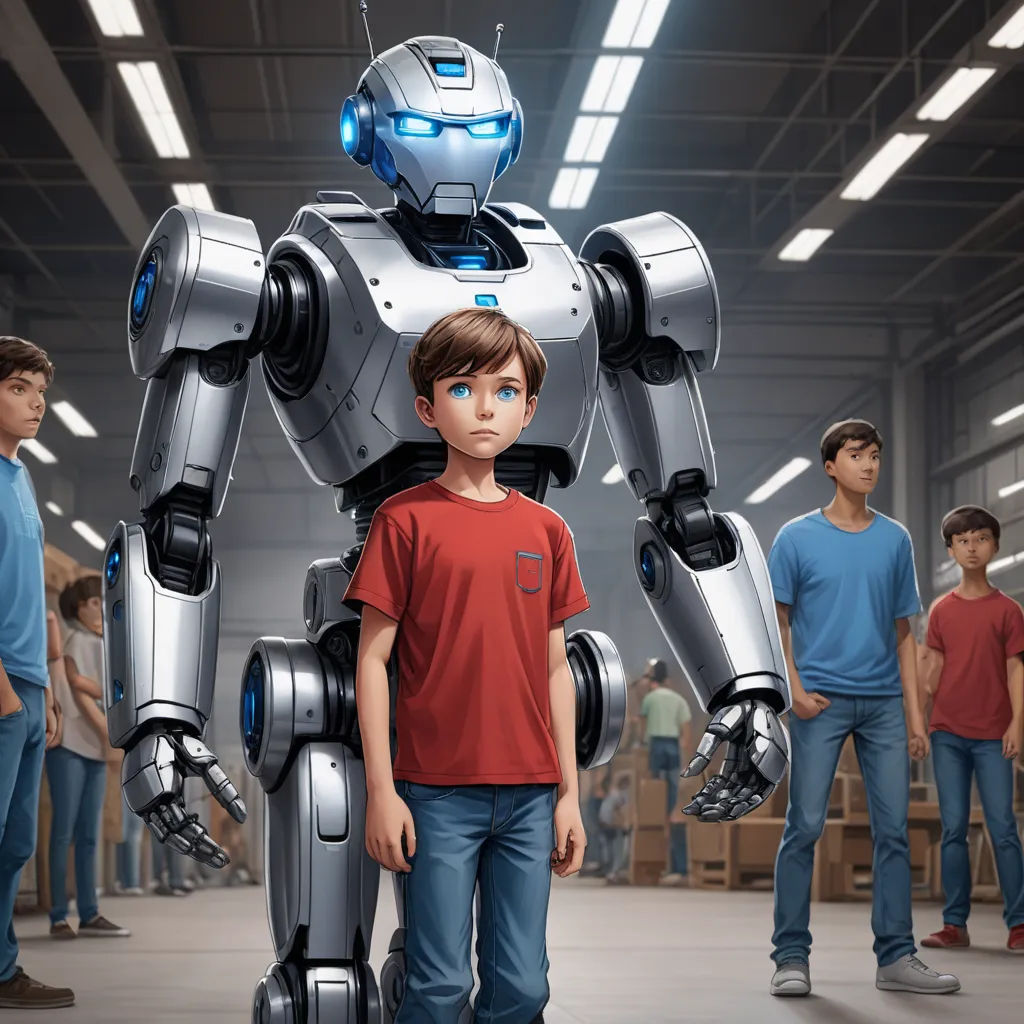 a boy standing in front of a robot in a warehouse with other boys in the background looking on in the distance, les automatistes, concept art, Adam Rex, promotional image