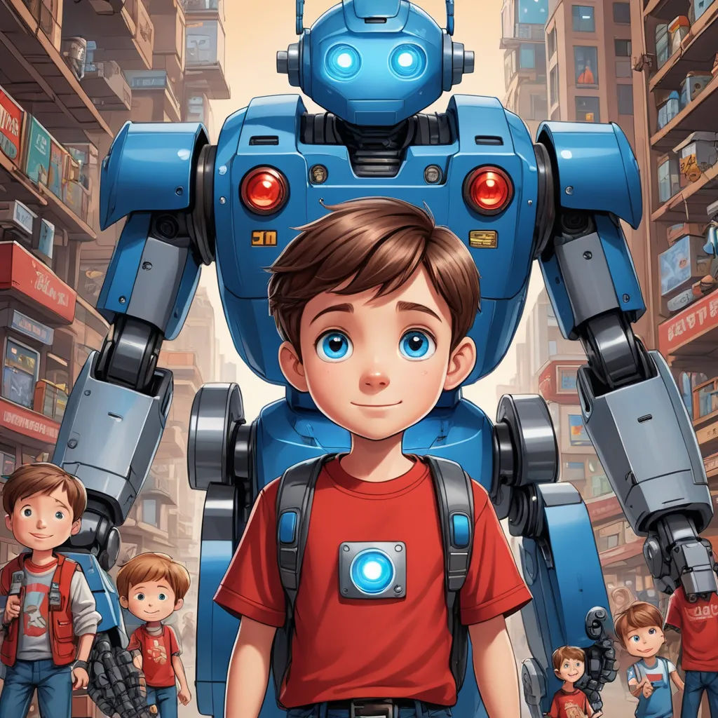 a boy with a backpack standing in front of a robot with a group of children behind him in a city, les automatistes, a poster, Aaron Jasinski, mecha