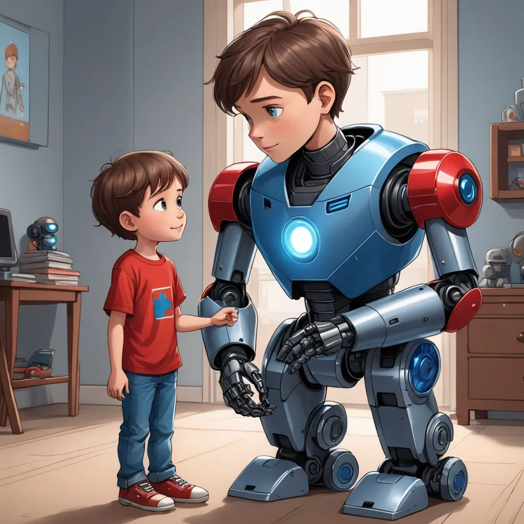 a boy and a robot in a room with a window and a table with a computer on it and a television, sots art, a storybook illustration, Aaron Jasinski, mecha