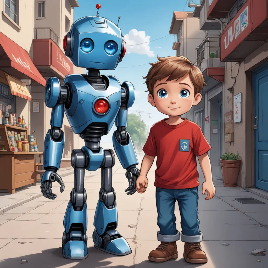 a boy and a robot are standing on a sidewalk in front of a storefront with a sign that says, robot, les automatistes, a storybook illustration, Diego Gisbert Llorens, robot