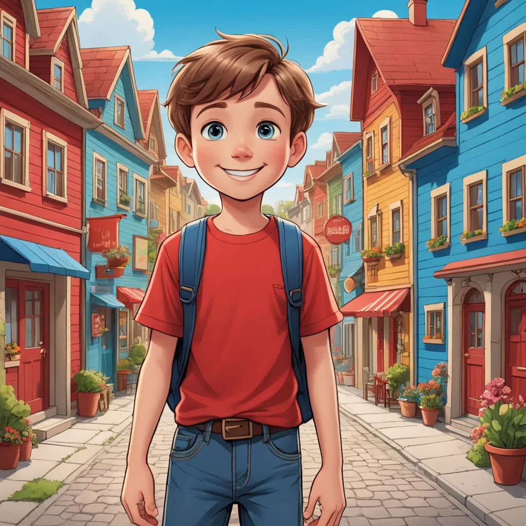 a boy in a red shirt and blue jeans standing in front of a street with buildings and a potted plant, american scene painting, a storybook illustration, Alejandro Burdisio, storybook illustration