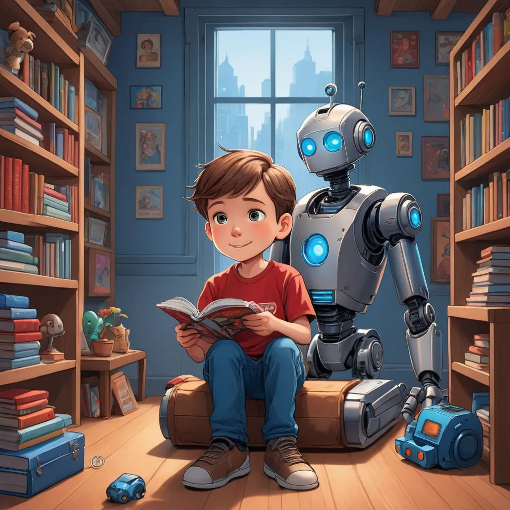a boy sitting on a chair reading a book next to a robot in a library with bookshelves, les automatistes, a storybook illustration, Diego Gisbert Llorens, storybook illustration