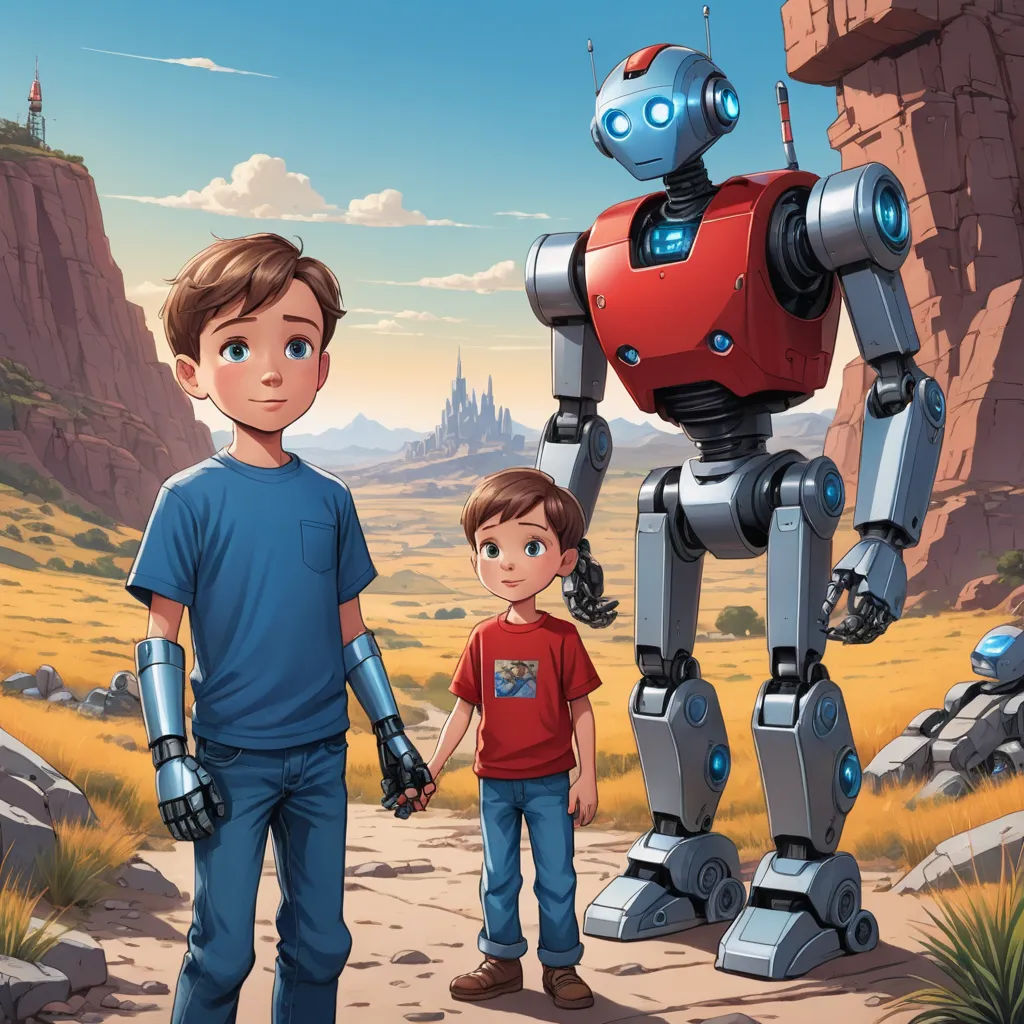 a boy and a girl are standing in front of a robot that is holding hands and walking towards a rock formation, les automatistes, concept art, Brothers Hildebrandt, promotional image