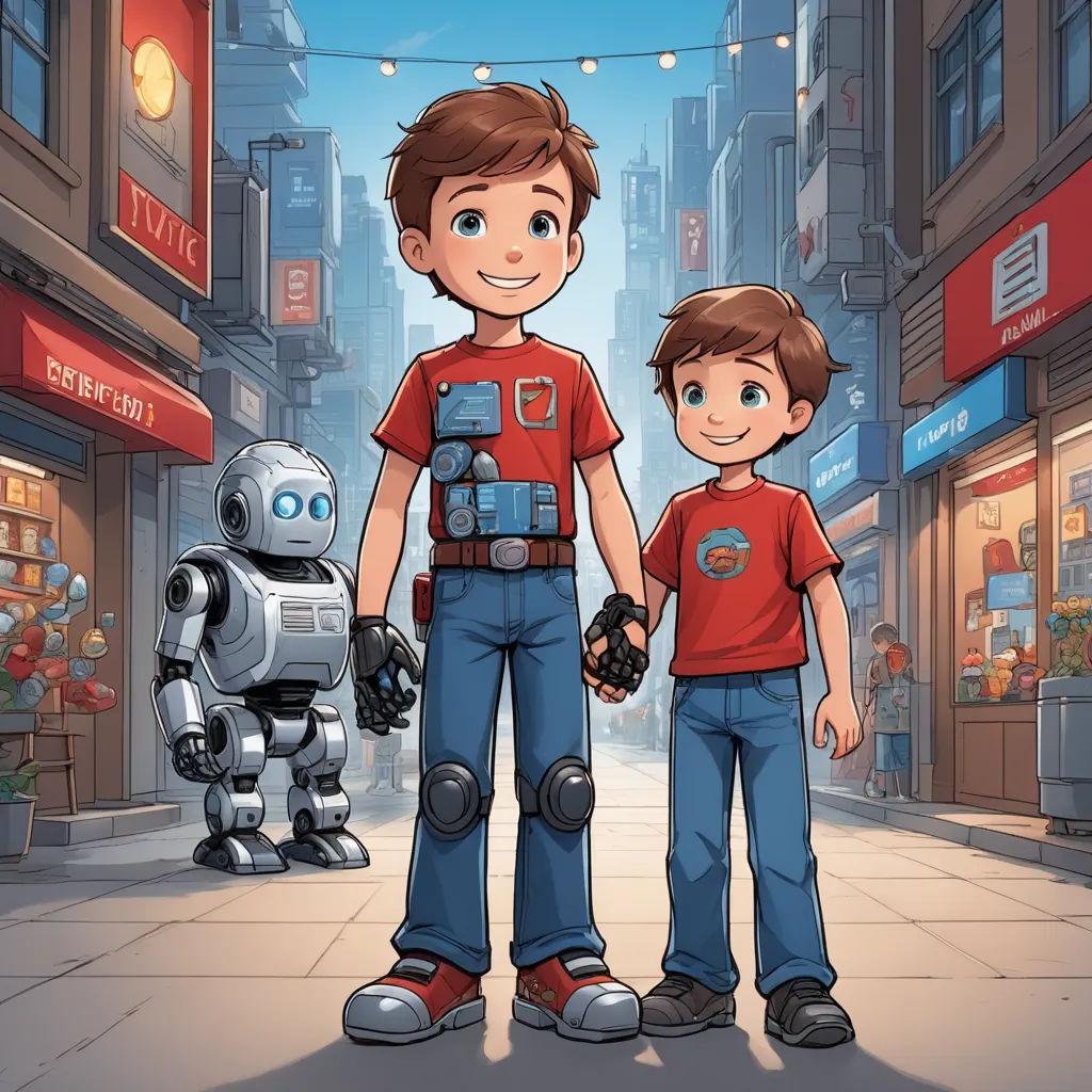 a boy and a boy in red shirts are standing in front of a robot on a city street with a man in red shirt, les automatistes, a storybook illustration, Brothers Hildebrandt, official art