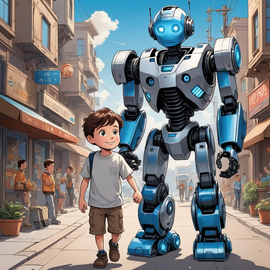 a boy standing next to a robot in a city street with people walking by onlookers and a building, les automatistes, a storybook illustration, Diego Gisbert Llorens, robot