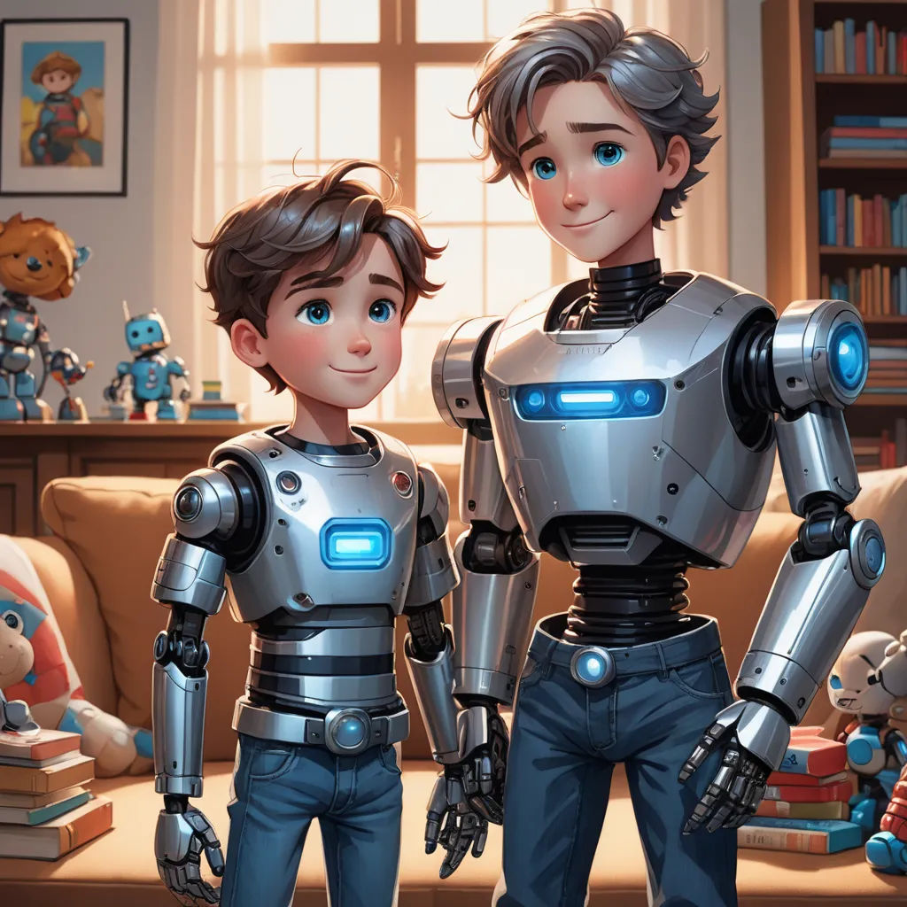 a couple of people standing next to each other in a living room with a robot on the wall and a teddy bear on the floor, sots art, concept art, Brothers Hildebrandt, rossdraws global illumination