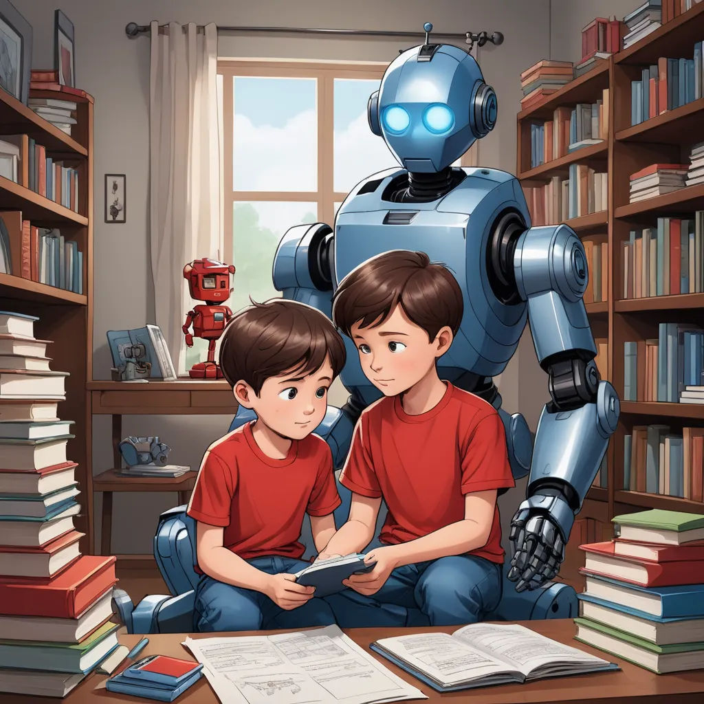 a boy and a girl reading a book in front of a robot in a library with books on the floor, les automatistes, a storybook illustration, Diego Gisbert Llorens, robots
