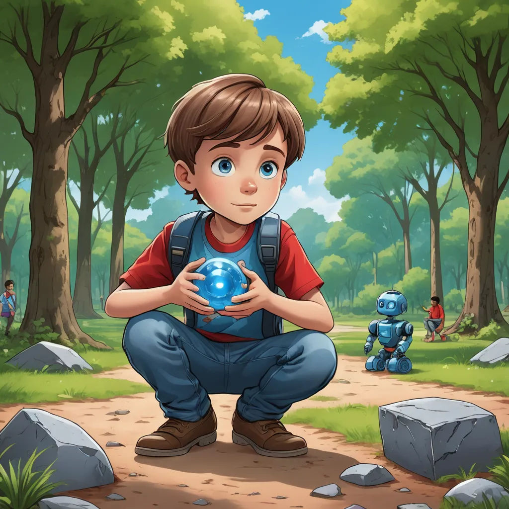a boy holding a ball in a forest with a robot nearby on a path in front of him and a forest with trees, environmental art, a storybook illustration, Aaron Jasinski, rossdraws global illumination