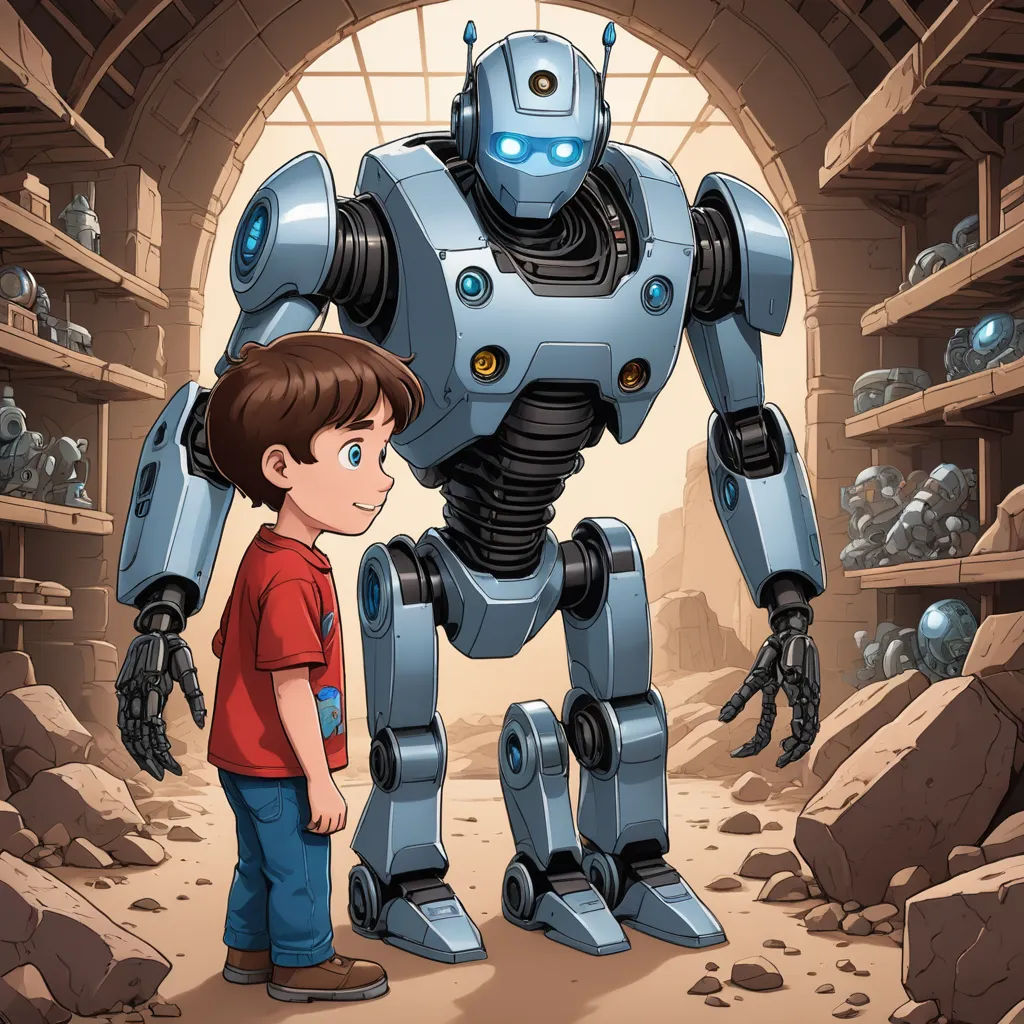 a boy standing in front of a robot in a warehouse with a large window and a large robot behind him, les automatistes, a storybook illustration, Aaron Jasinski, robots