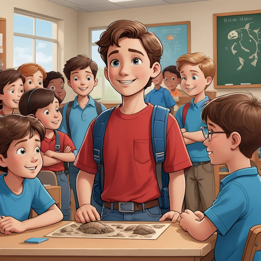 a boy in a red shirt is standing in front of a group of children in a classroom with a picture of him, sots art, a storybook illustration, Adam Rex, official art