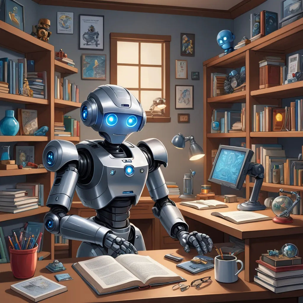 a robot is sitting at a desk with a book and a computer monitor in front of him and a cup of coffee, computer art, computer graphics, Andries Stock, highly detailed digital painting
