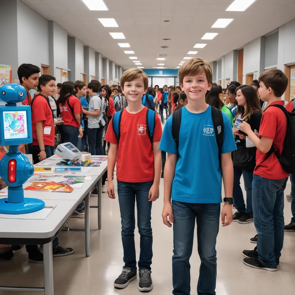 two boys standing in a hallway with a robot on the table and a group of people in the background, northwest school, a stock photo, Adam Dario Keel, robots