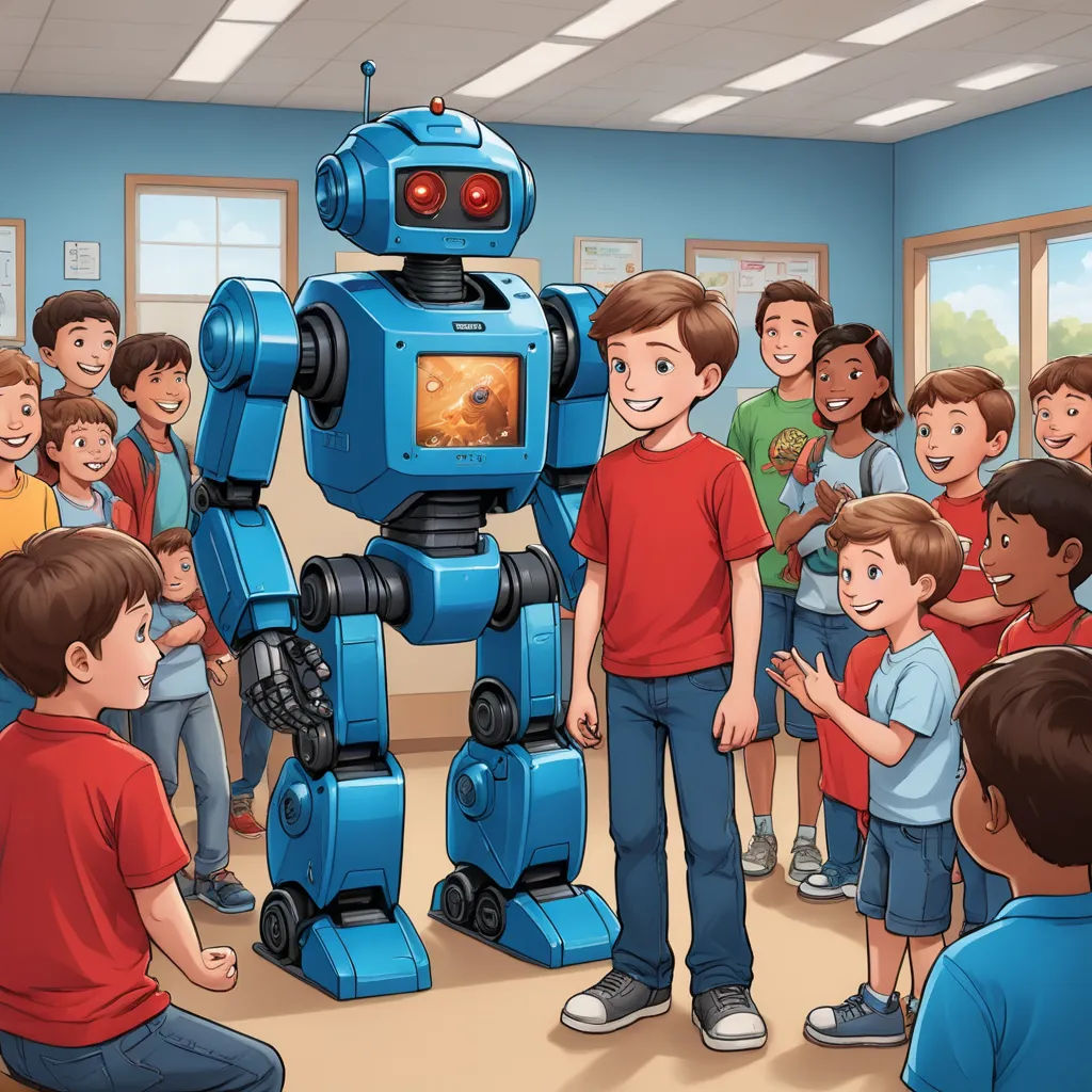 a boy standing in front of a robot in a classroom with a group of children watching him and a man standing in front of him, les automatistes, a storybook illustration, Adam Rex, robot