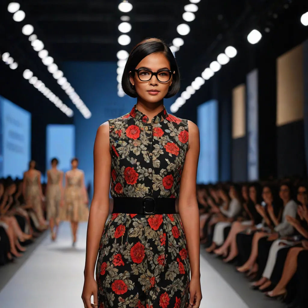 a woman in a floral dress and glasses walks down the runway at a fashion show with a large crowd, a microscopic photo, Christian Hilfgott Brand, american barbizon school, fashion photography