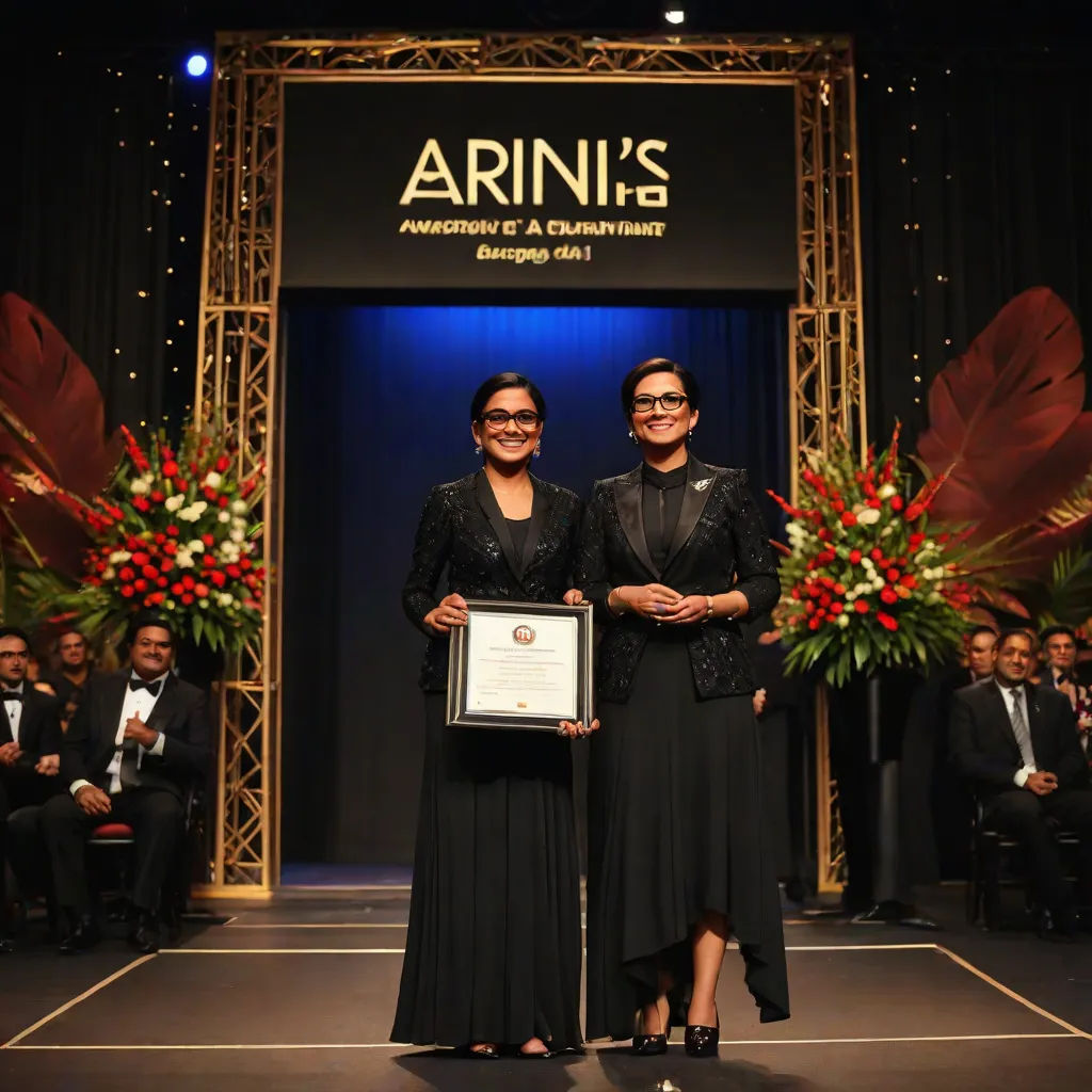 two women standing on a stage holding an award plaque and smiling at the camera with a crowd watching them, a photo, Araceli Gilbert, american barbizon school, award