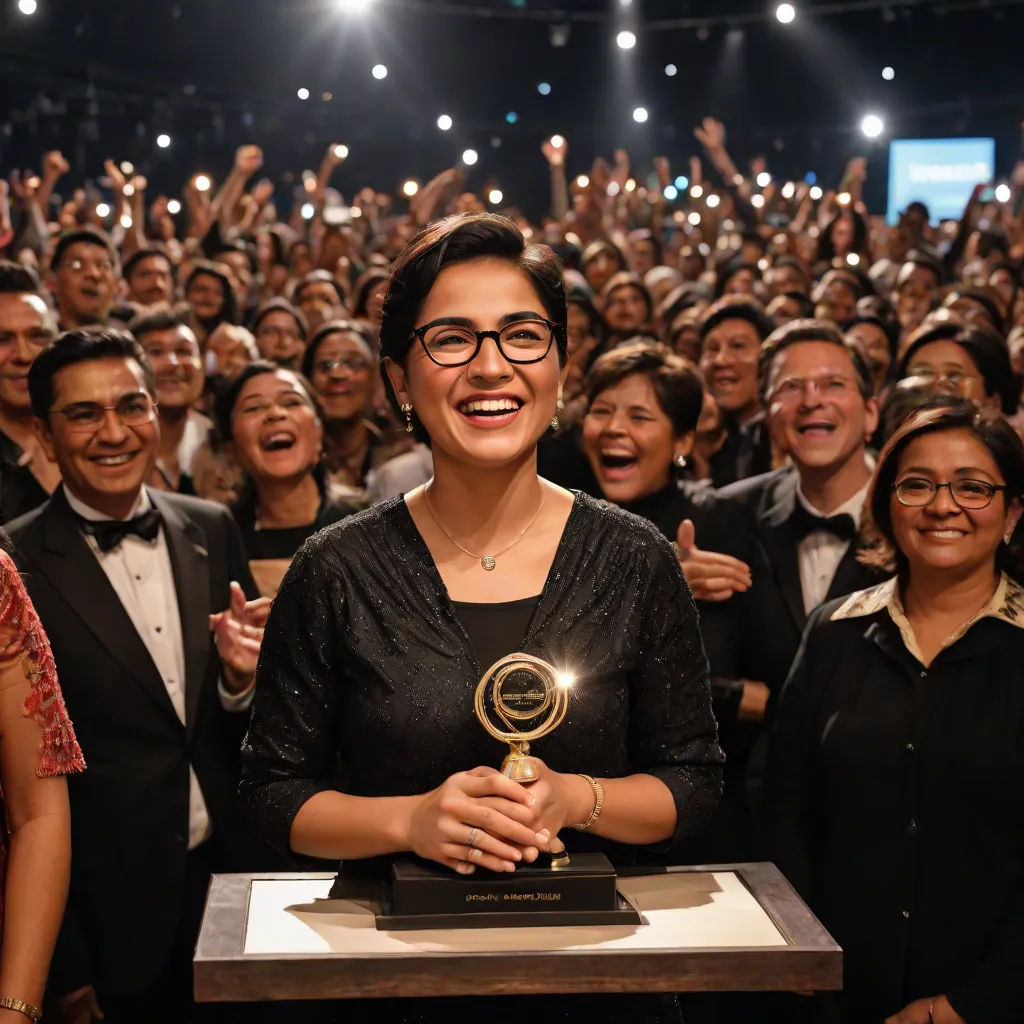 a woman holding a trophy in front of a crowd of people at a convention or show with their hands up, a poster, Araceli Gilbert, private press, award - winning