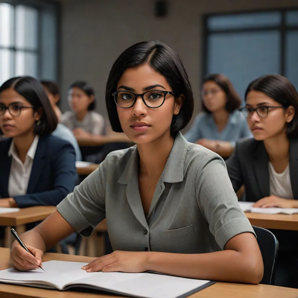 a woman sitting at a desk with a book and pen in her hand and a group of other people behind her, a stock photo, Anthony Devas, academic art, promotional image