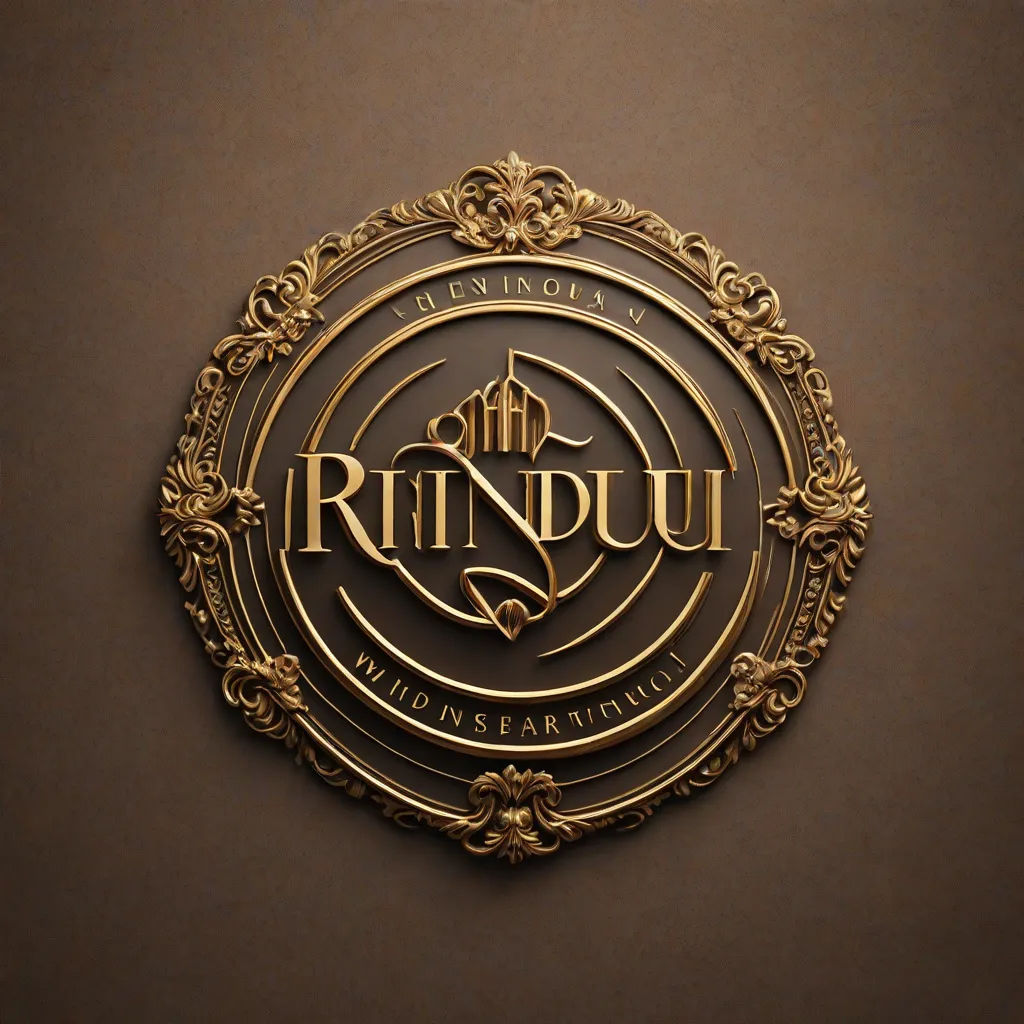 a golden logo for a restaurant called rinjuu on a brown background with a gold frame around it, an album cover, david rubín, hurufiyya, promotional image
