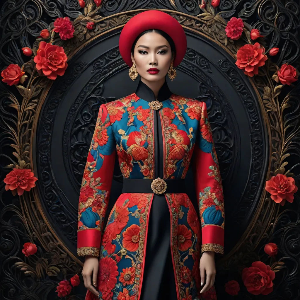 a woman in a red hat and blue dress standing in front of a floral background with roses and a circular frame, a poster, Chen Lu, cloisonnism, art nouveau fashion embroidered