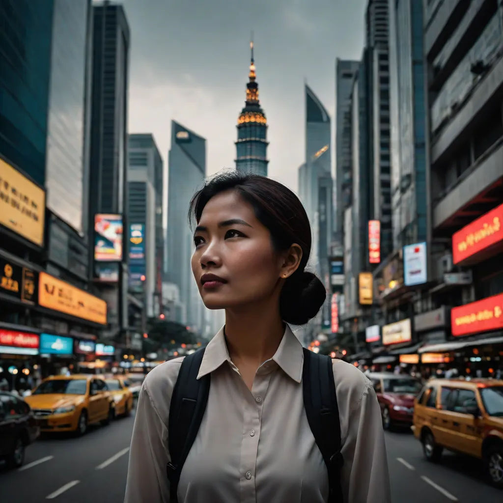 a woman standing in the middle of a busy city street with a lot of traffic on it's sides, a stock photo, Adrian Zingg, international typographic style, city background